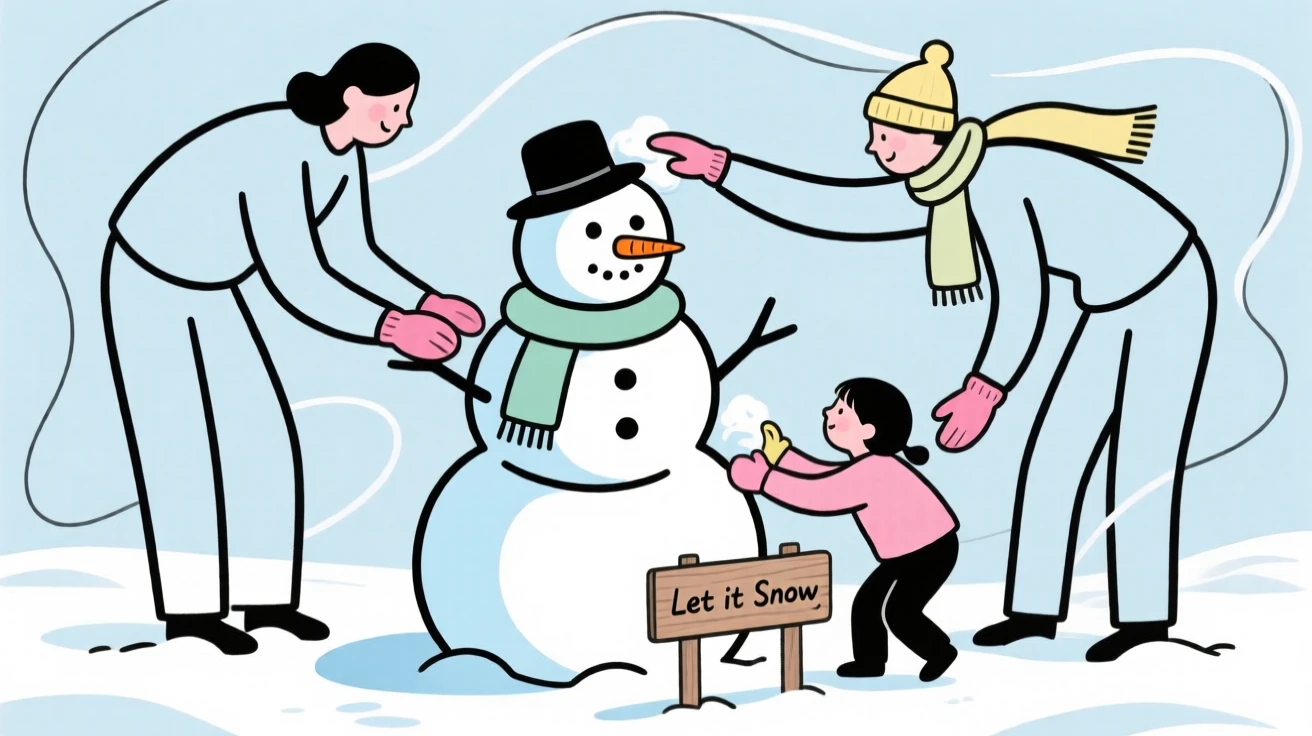 A family building a snowman together