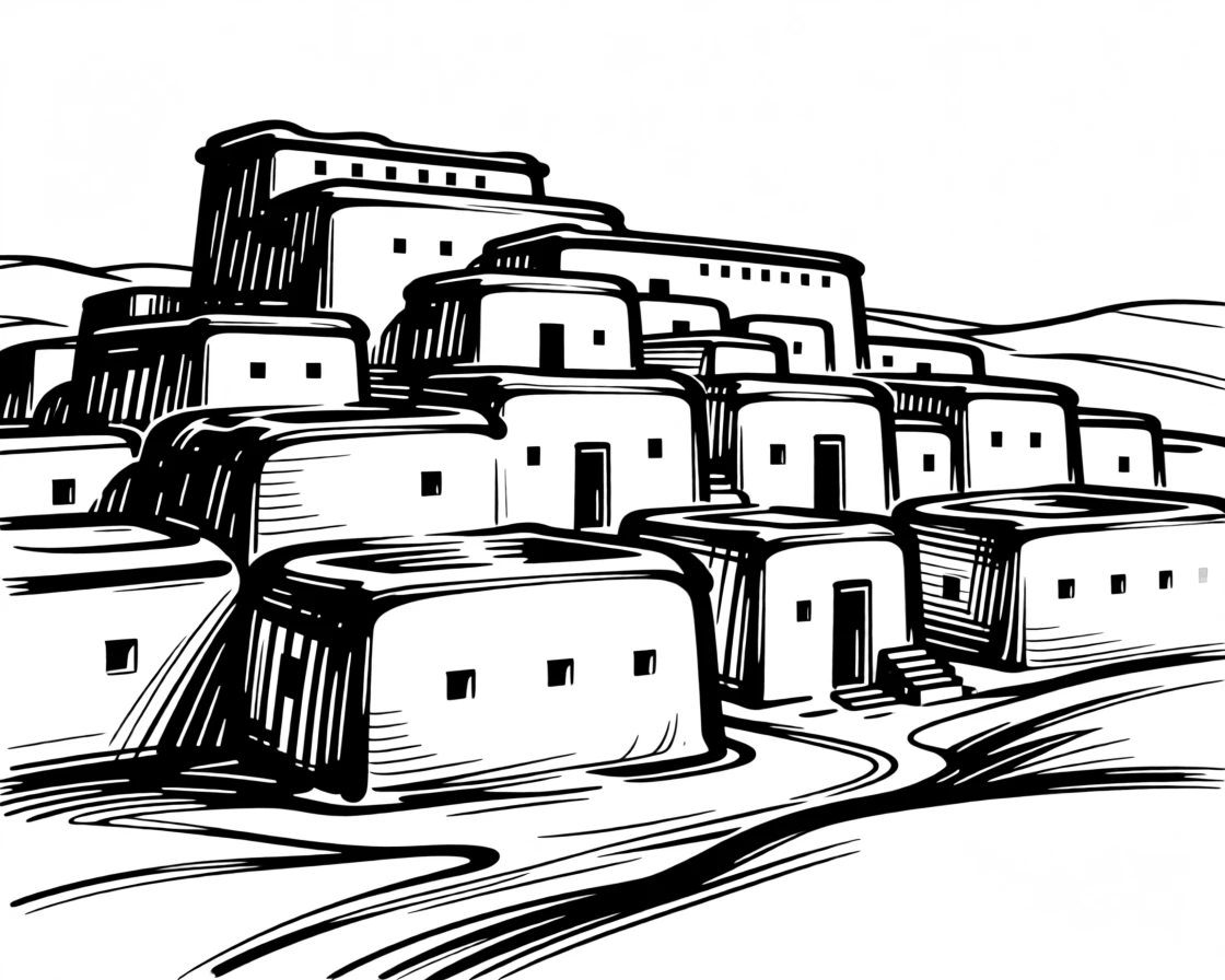 A traditional adobe pueblo village glowing warm in the desert light.