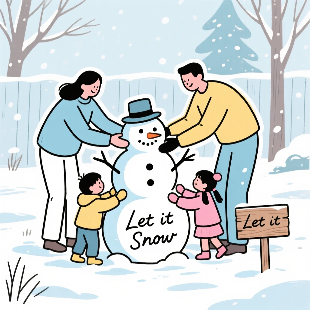 A family building a snowman together in a snowy backyard.