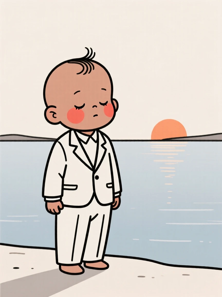A sleepy baby of Egyptian heritage in a tailored business suit, full of curious wonder, beside a calm lake at sunrise.