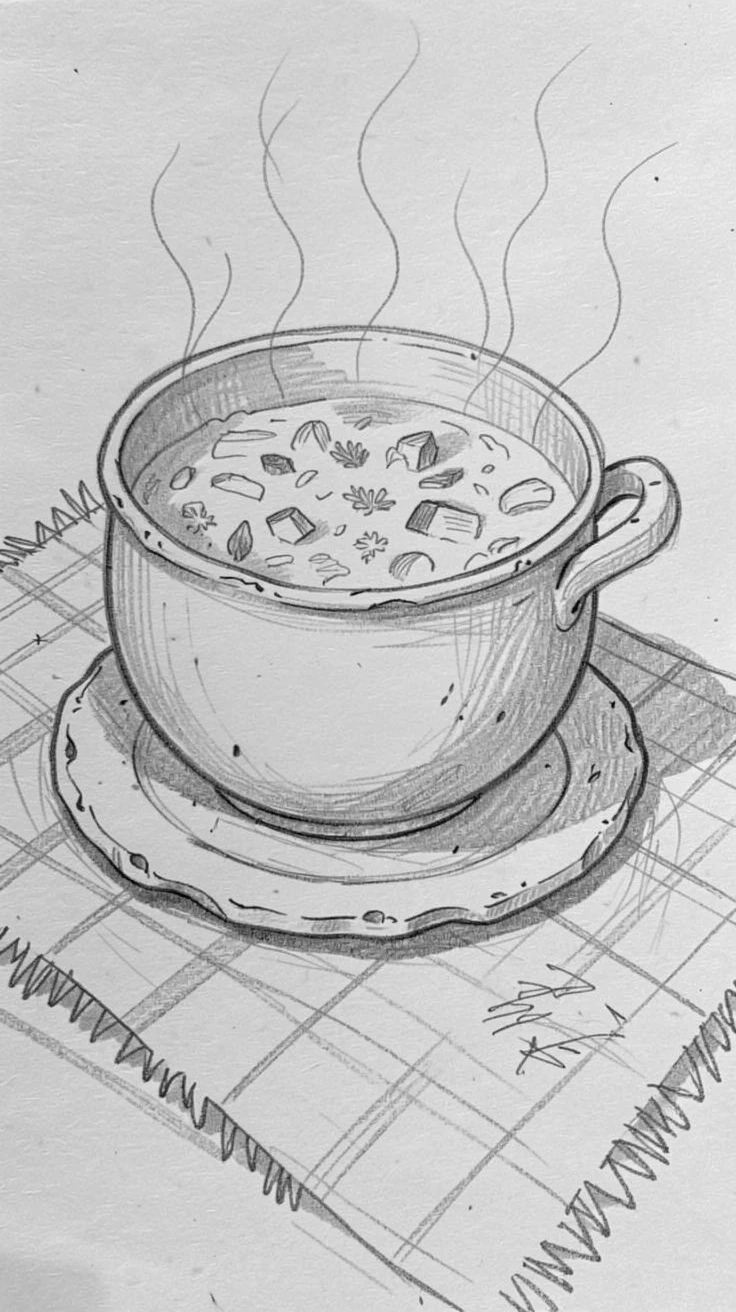 A pot of simmering homemade soup on a weathered picnic blanket, with a rustic ceramic plate beneath it.