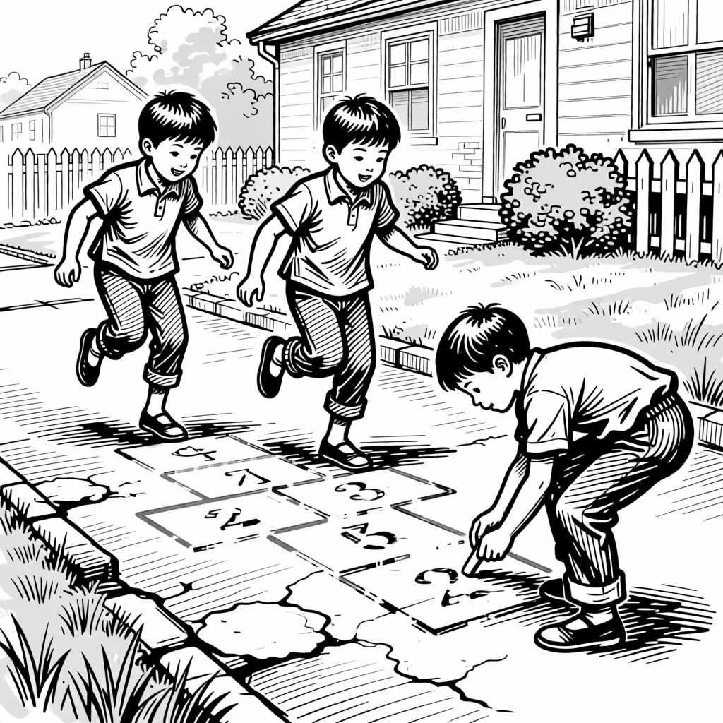 Children playing hopscotch on a chalk-drawn sidewalk in a quiet neighborhood.