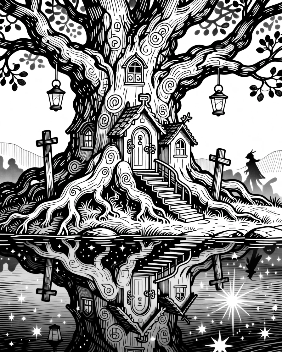 A hidden fairy village nestled in tree roots on the shore of a lake reflecting the stars, with shadows shaped like whispered stories, forming a gently otherworldly fantasy scene.