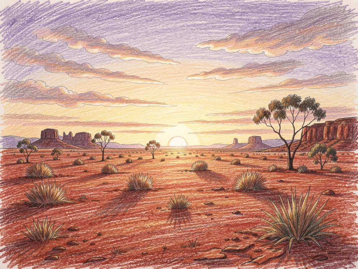 An Australian outback sunset over red desert plains, with rich, inviting textures throughout the scene, capturing a quiet story that lingers with the viewer.