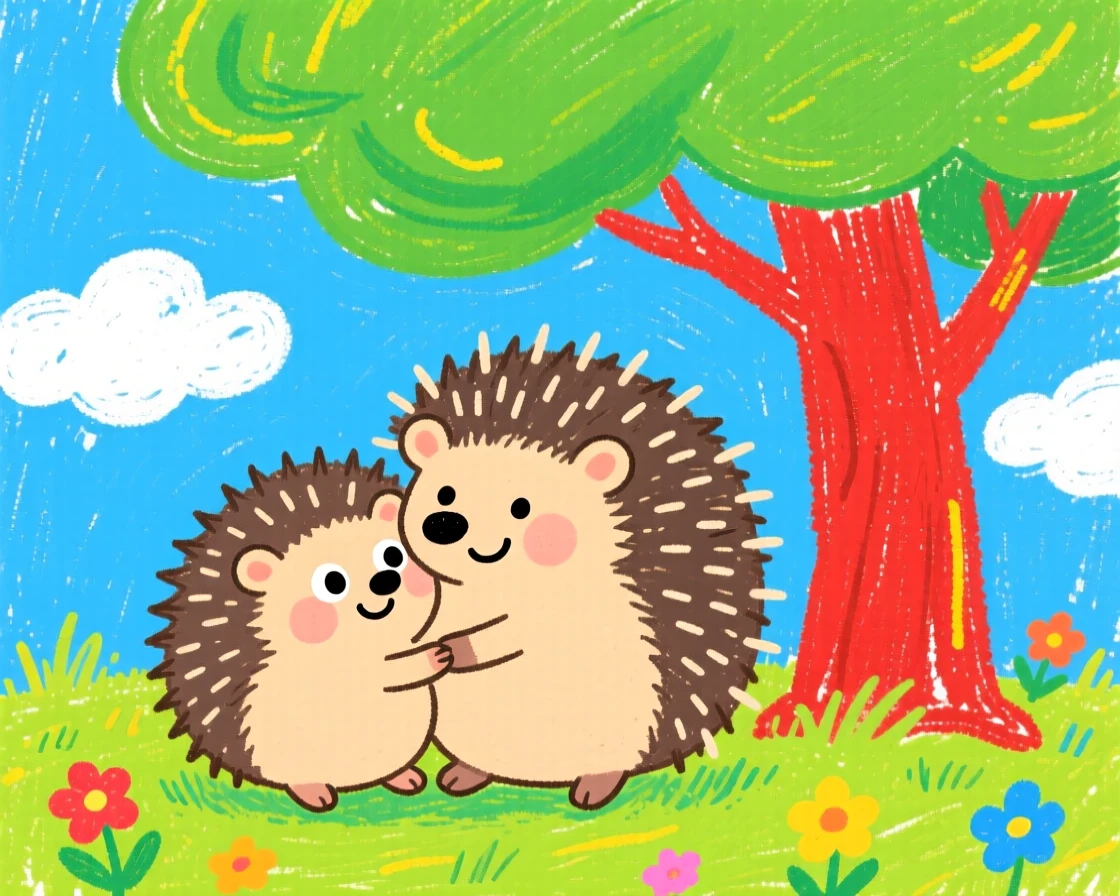 A round hedgehog pup cuddled beside its mother under a shady tree.