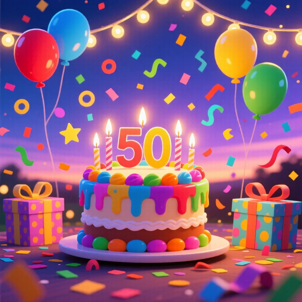 A colorful confetti-filled celebration for a milestone birthday, surrounded by twinkling fairy lights at dusk, composed with warm inviting light filling the scene, with warm twinkling lights adding a magical sparkle.