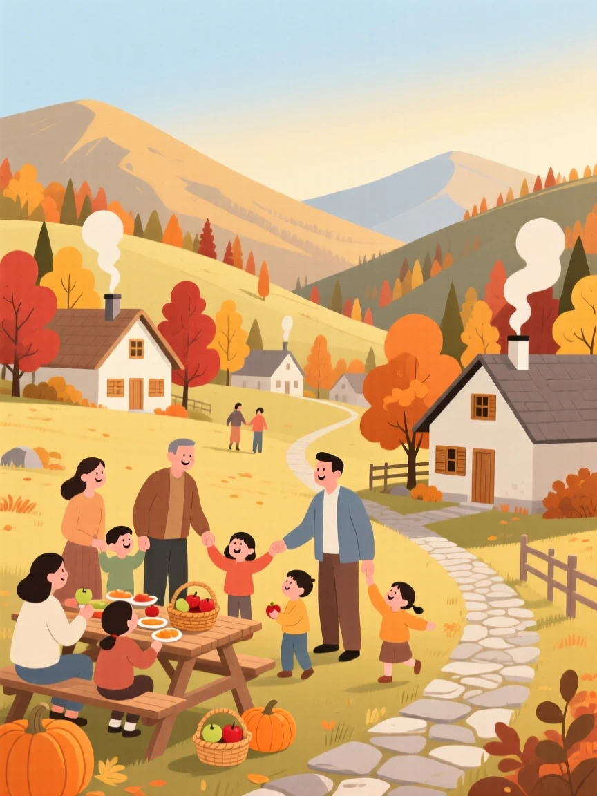 An autumn scene of families gathering in a mountain village.