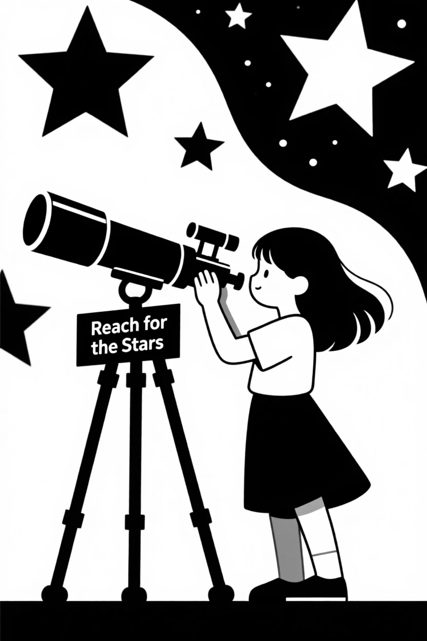 A young girl gazing through a telescope at the stars.