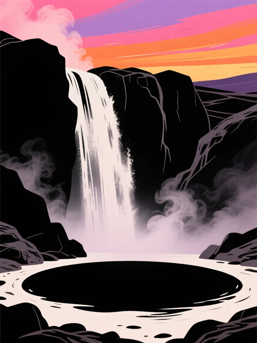 A dramatic waterfall plunging into a steaming hot spring below.