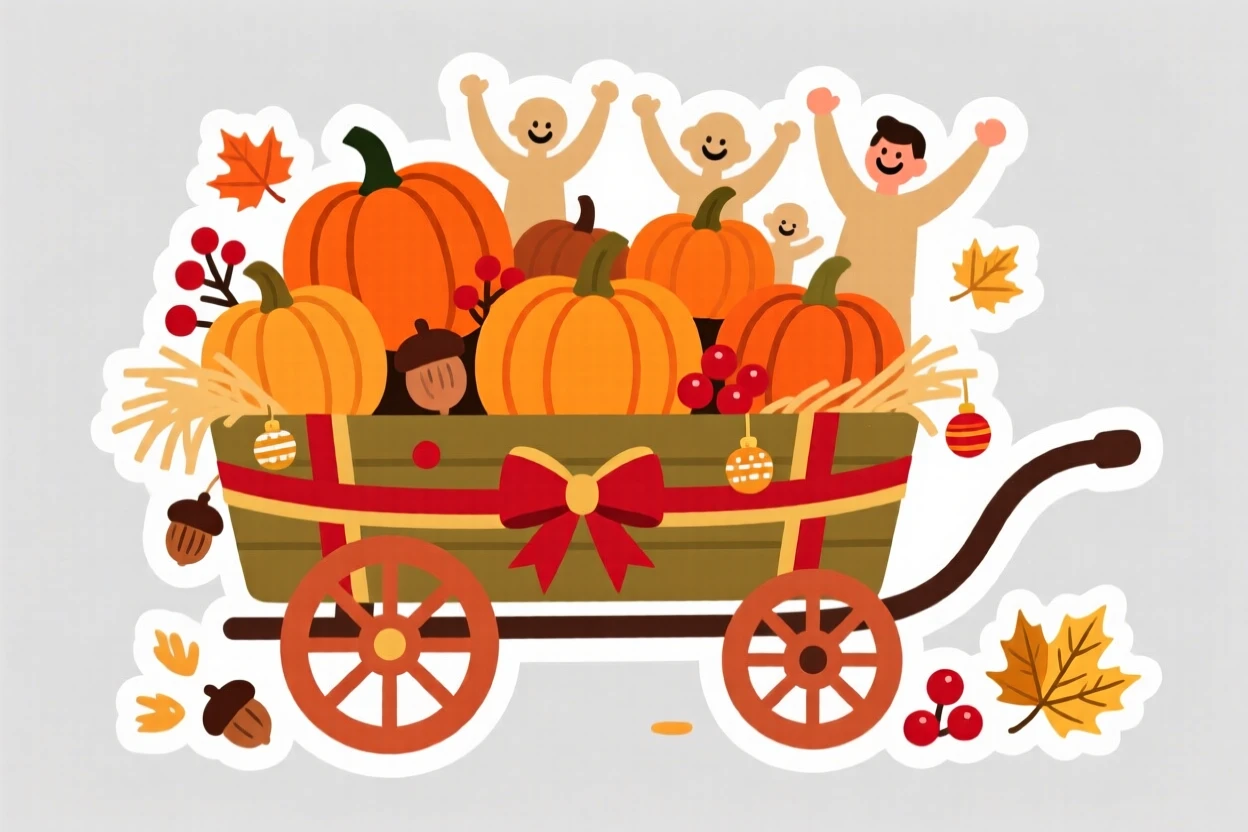 A brightly colored autumn hayride wagon full of pumpkins, decorated with ribbons and small ornaments, at a joyful family gathering.
