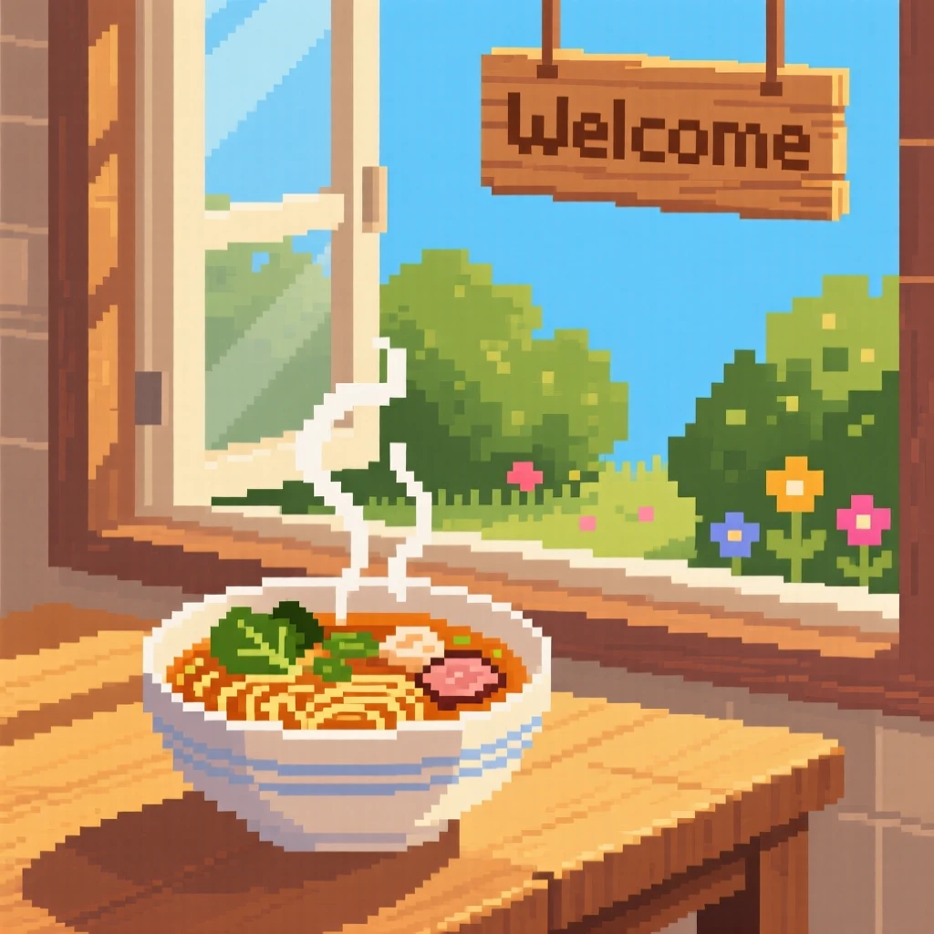 A steaming bowl of noodle soup photographed with warm afternoon light streaming in, beside an open window overlooking a garden.