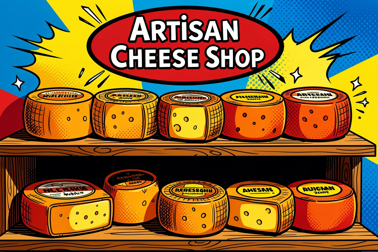 A cheese shop displaying wheels of artisan cheese
