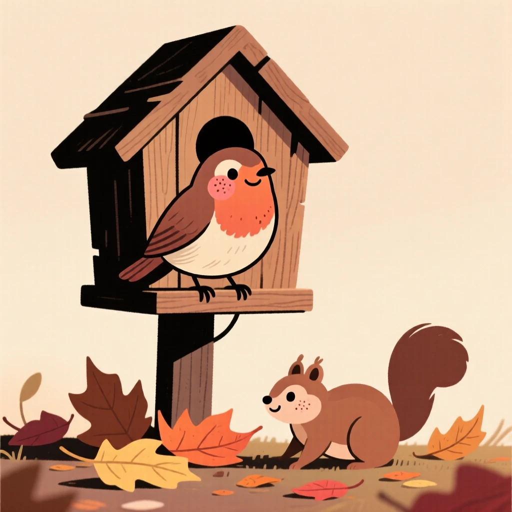 A robin perches on a wooden birdhouse, singing softly while a chipmunk moves quietly through the fallen leaves below.