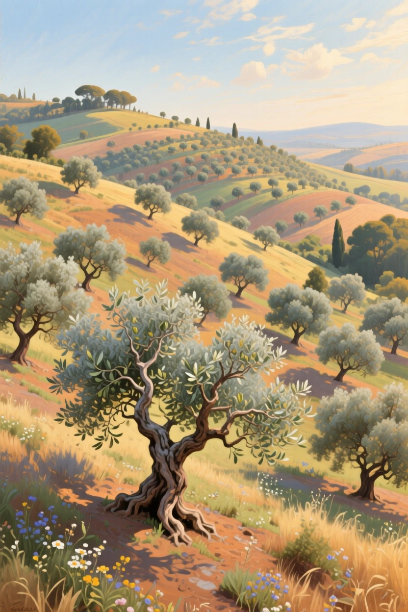 A sweeping aerial perspective of an ancient olive grove on a sun-drenched hillside, in late afternoon, in the Edwardian era.