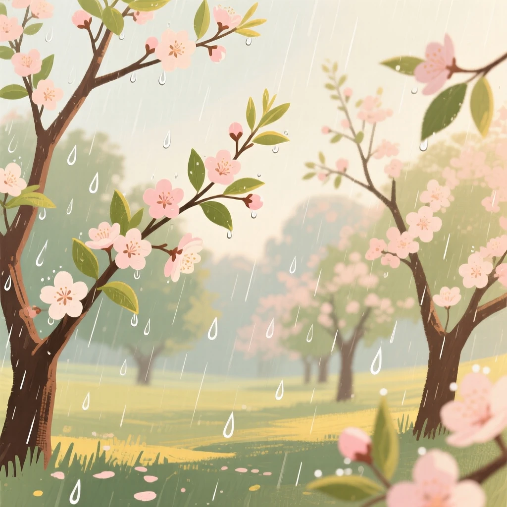 A spring rain shower falling gently over a blossoming orchard