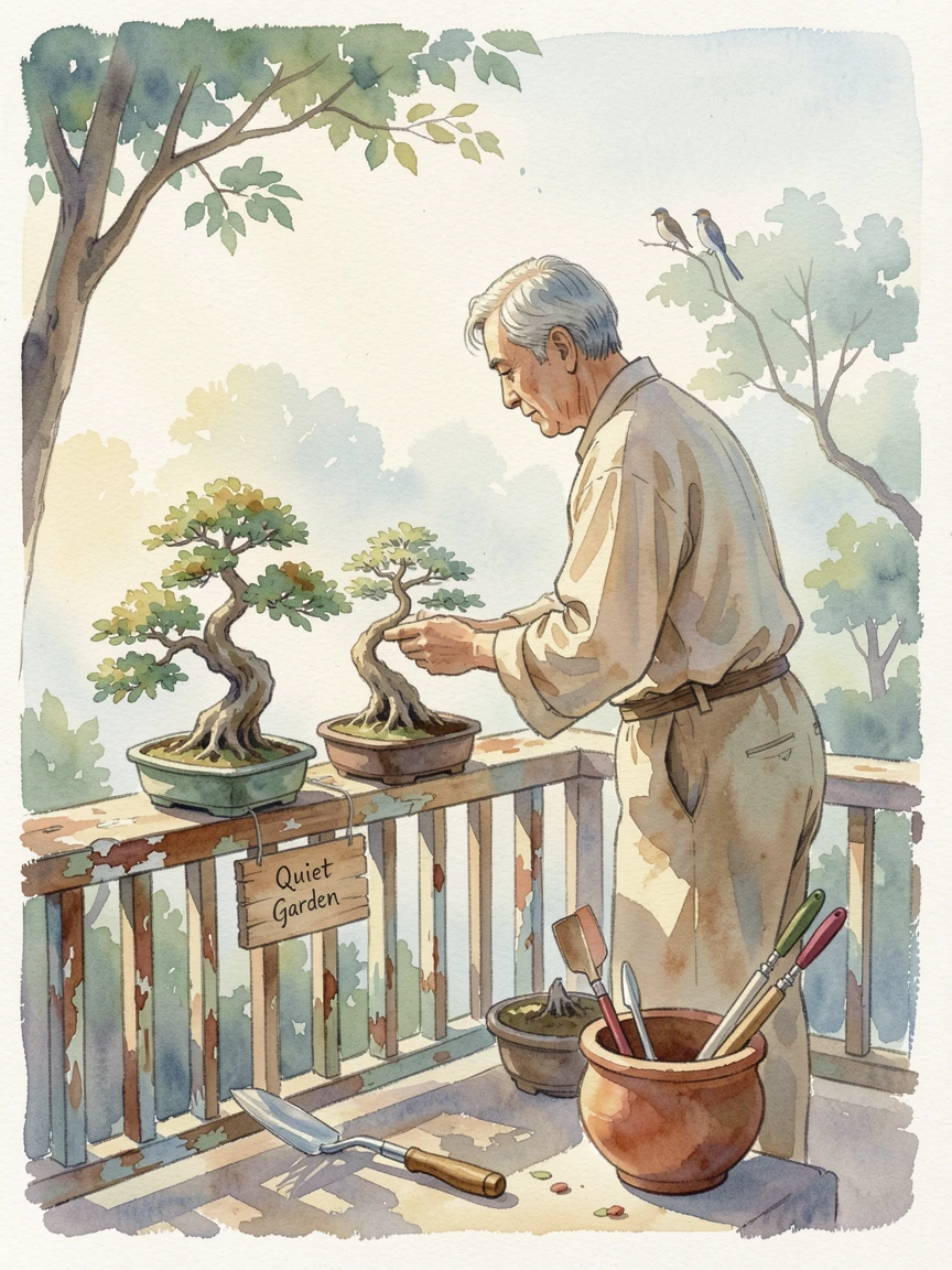 A man tending to bonsai trees on a balcony as birds chirp softly in the background.