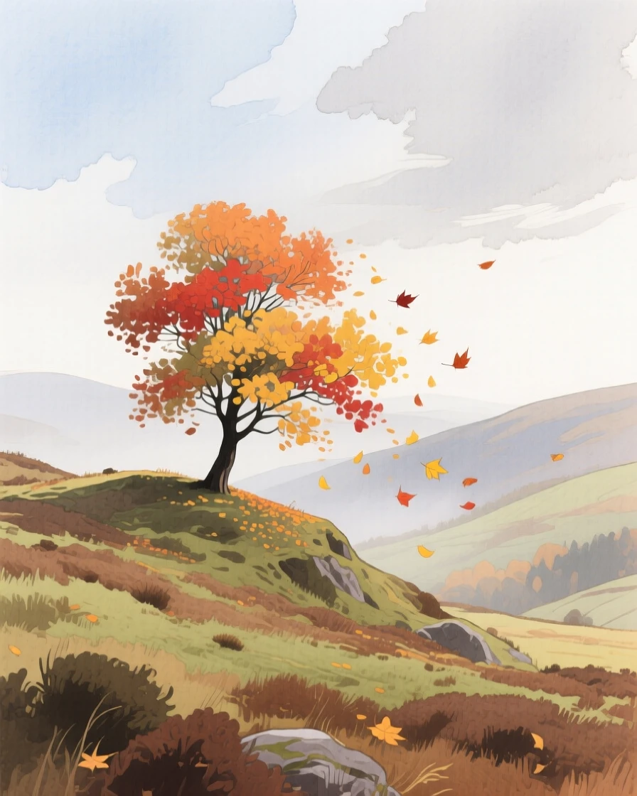 A breathtaking view of a highland moor as autumn leaves fall, where a lone tree stands on a ridge