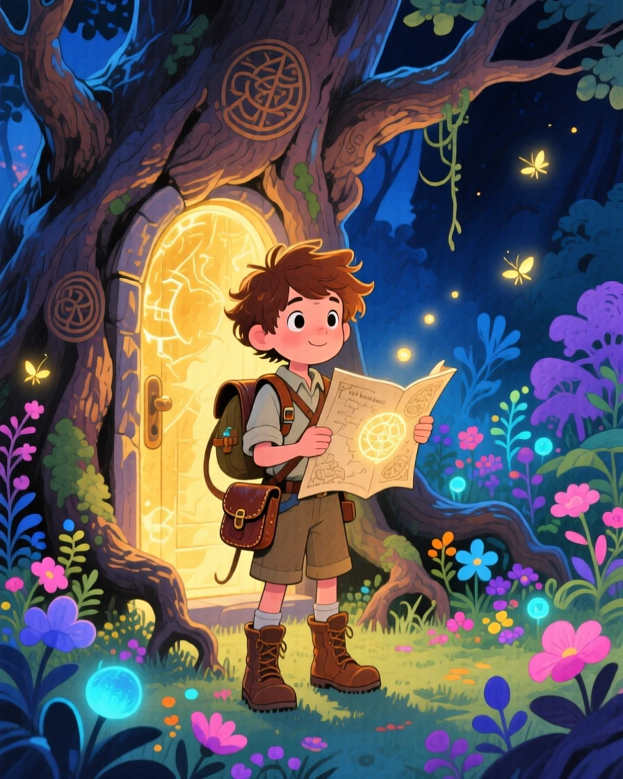 A young adventurer with a magic map discovering a hidden door glowing with magical light in an ancient tree, in a magical garden where flowers glow at night, brimming with enchantment and discovery.