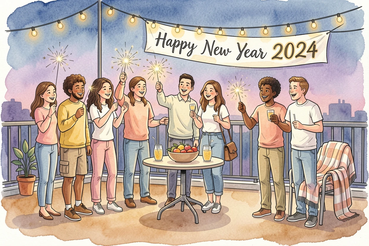 A New Year's celebration with sparklers lighting up a rooftop gathering, a festive warmth filling the entire scene.