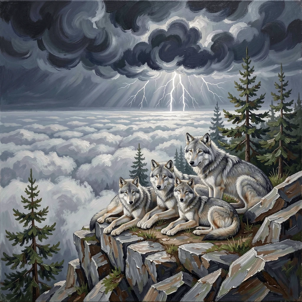 Along a rocky mountain ridge above the clouds, a family of wolves resting in a forest clearing, it surveying the landscape from a high vantage point, during a dramatic thunderstorm rolling in from the horizon.