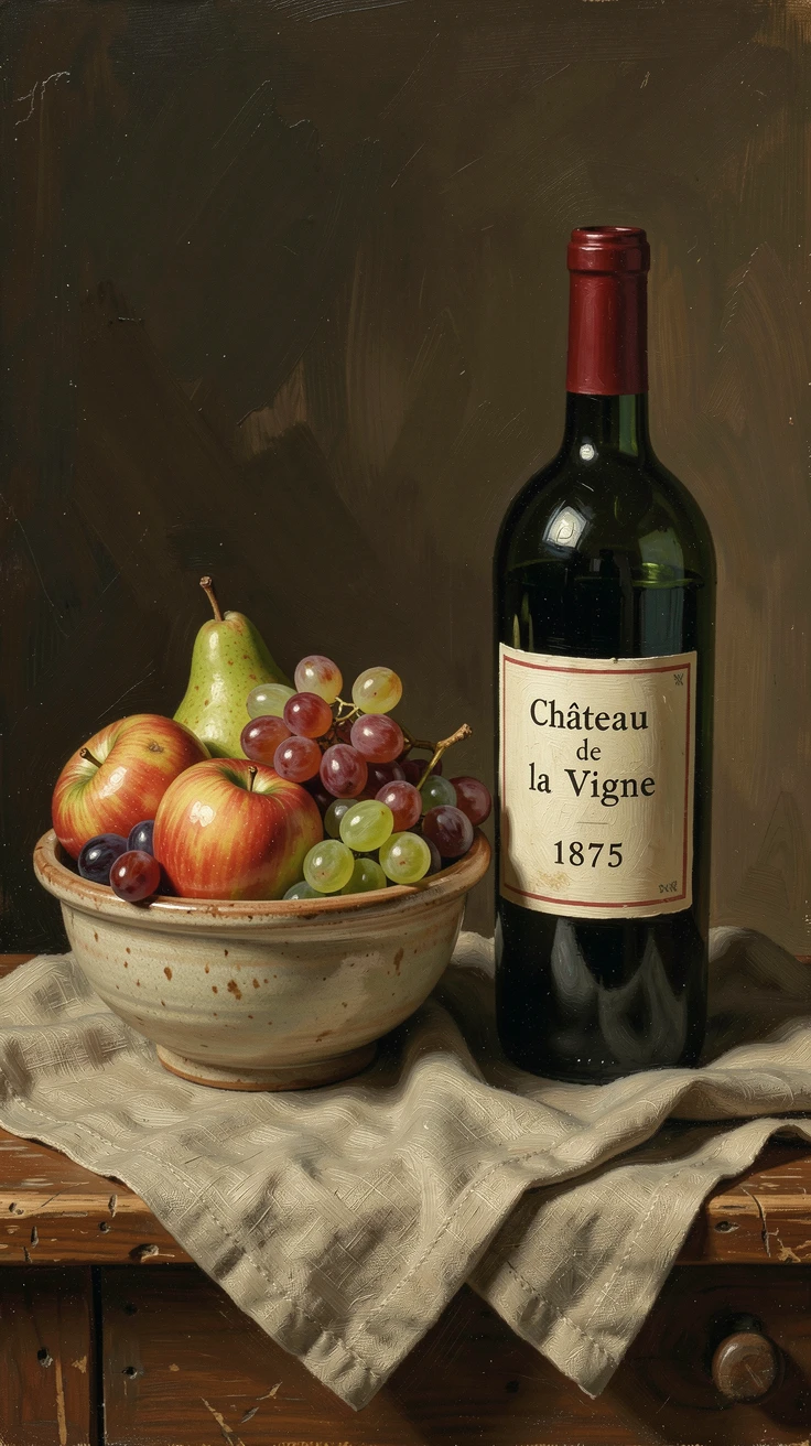 A bowl of fresh fruit arranged beautifully beside a bottle of red wine, with soft, warm light highlighting every fine texture and detail, capturing timeless beauty through carefully chosen objects