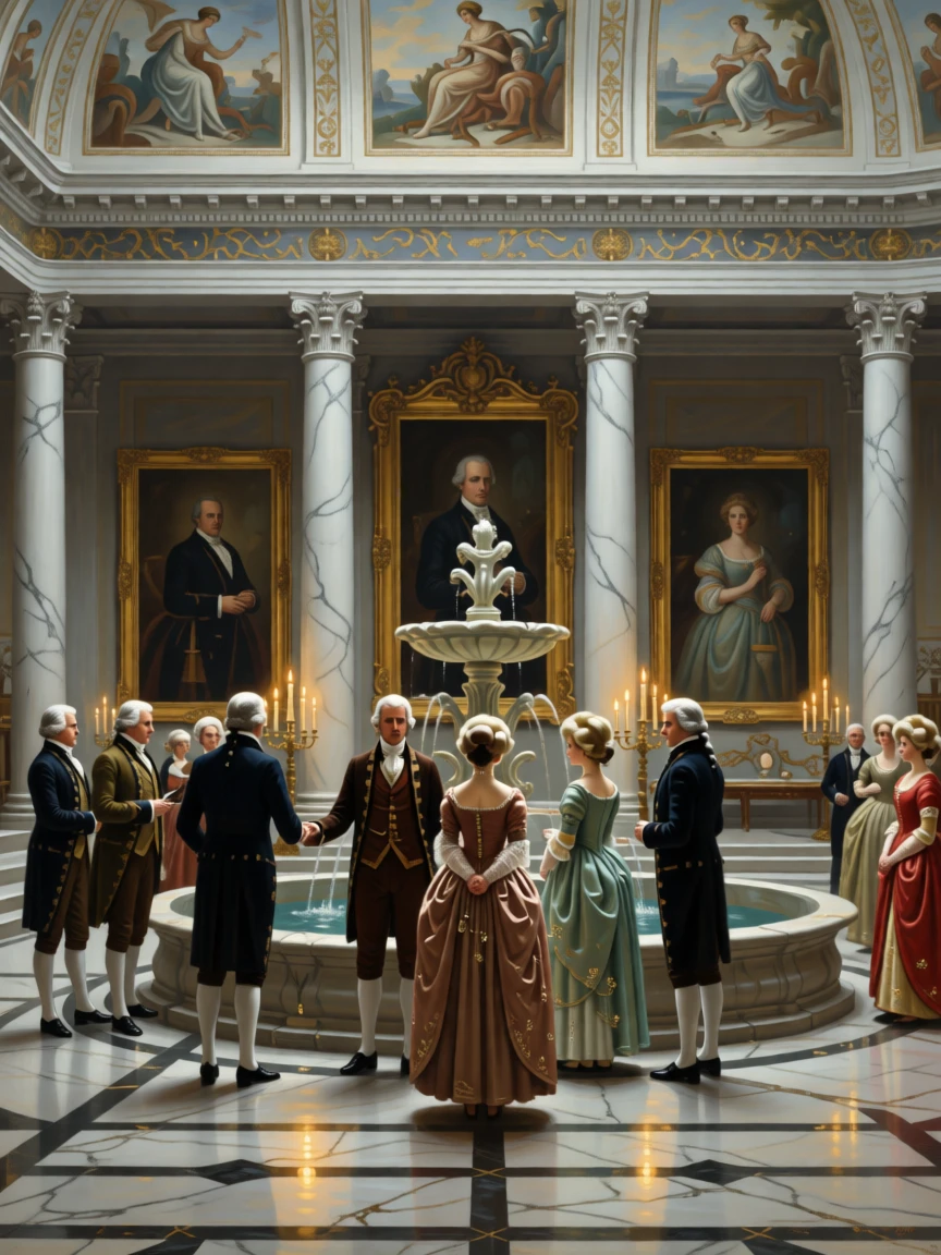 Guests admiring a fountain in the courtyard of a grand estate as candlelight flickers across polished floors, set in a frescoed reception hall lined with marble columns, with portraits of ancestors watching from gilded frames; warm candlelight pools around the principal figures against a cooler backdrop, suggesting both splendor and the fleeting nature of such moments.
