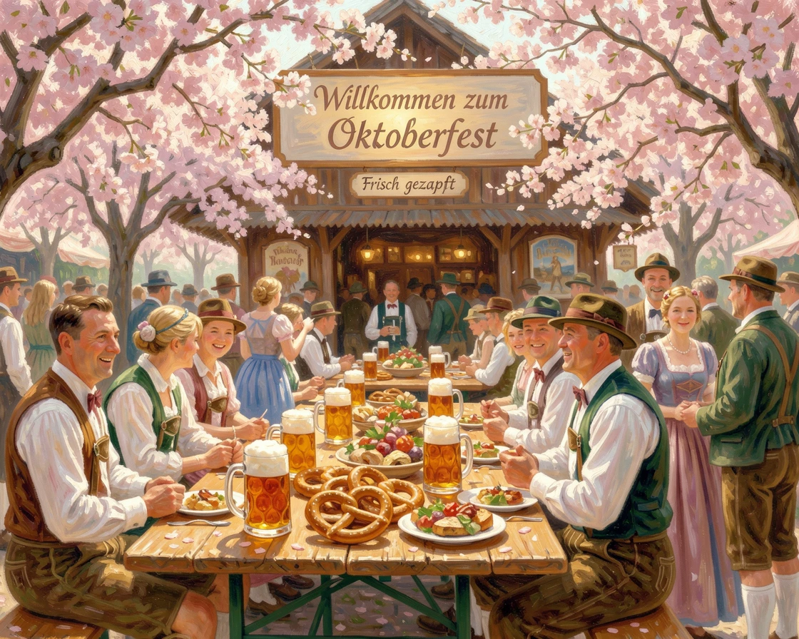 A traditional Oktoberfest celebration in Munich, long tables filled with steins, pretzels, and cheerful crowds, just as the first blossoms of spring appear, conveying a feeling of romance and tranquility.