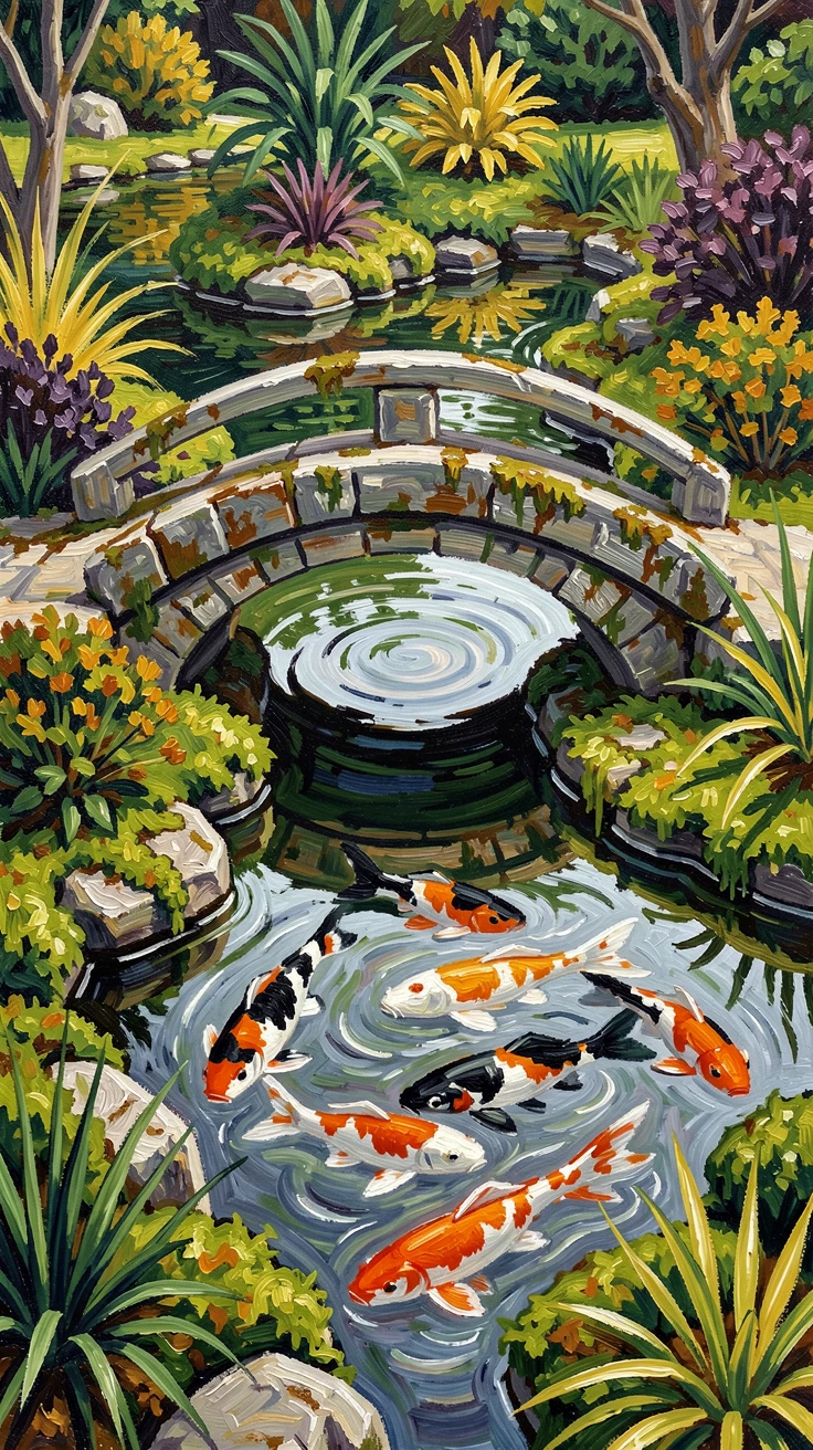 A moss garden with a small stone bridge crossing a quiet koi pond.