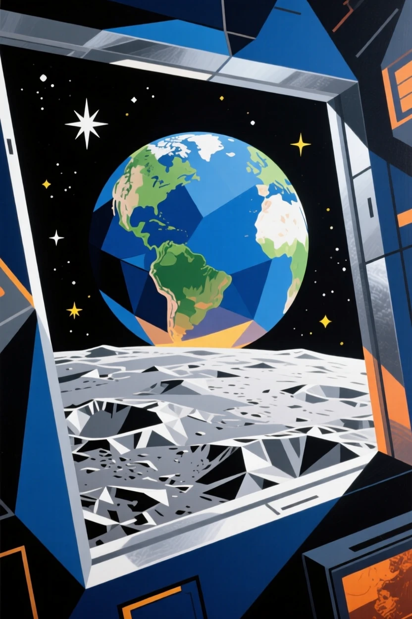 Earth rising over the lunar horizon as seen from a spacecraft window.