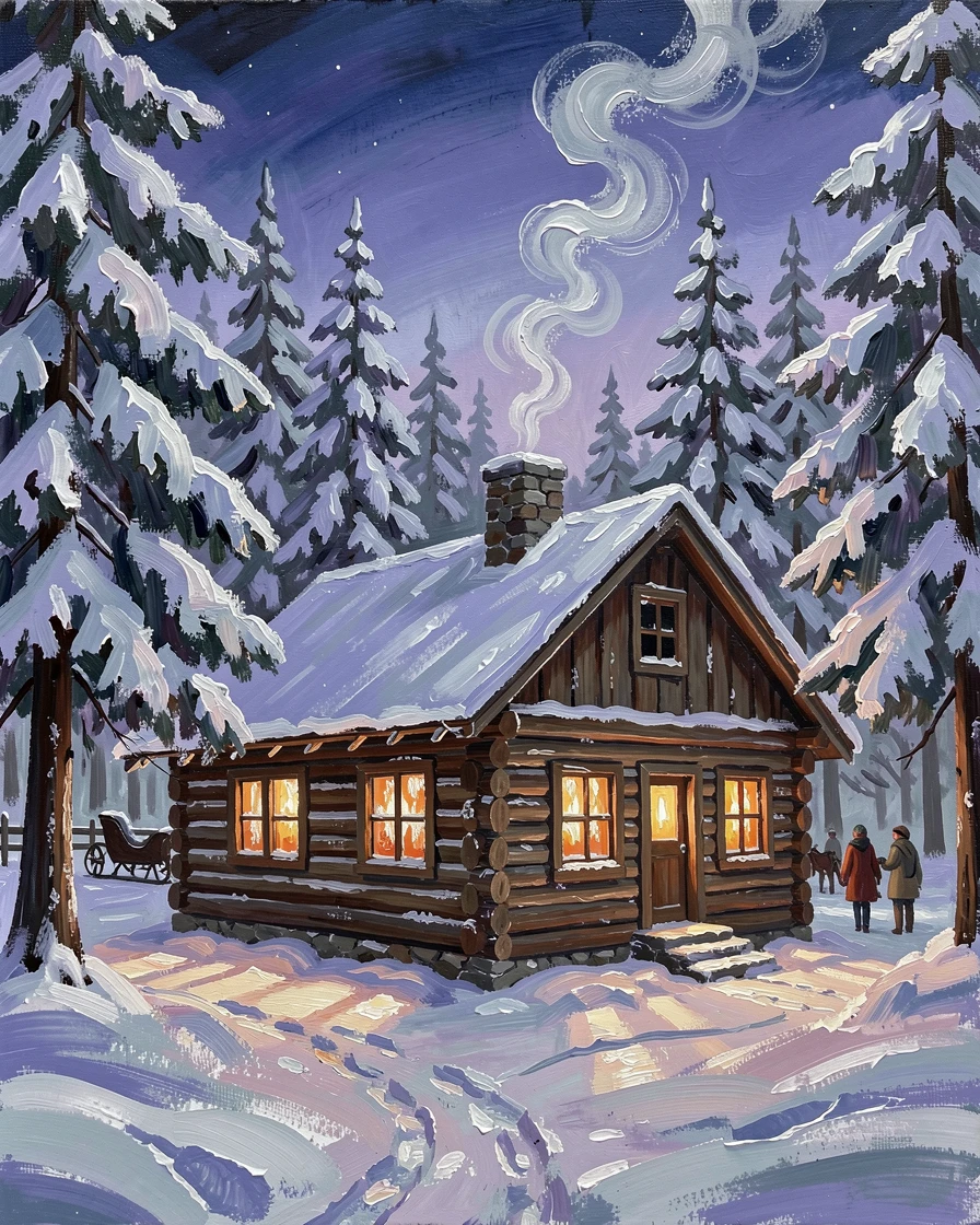 A cozy log cabin sits nestled among snow-covered pines, warm light glowing through frosted windows as smoke curls from a stone chimney into the night sky, local life visible in the background, adding a quiet sense of authenticity to the scene.