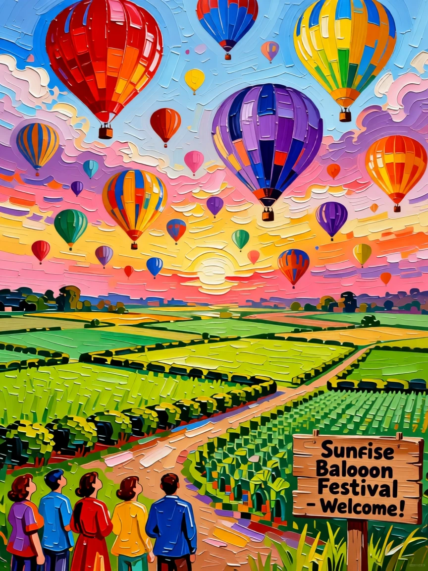 A colorful hot air balloon festival filling the sky at sunrise over green farmland