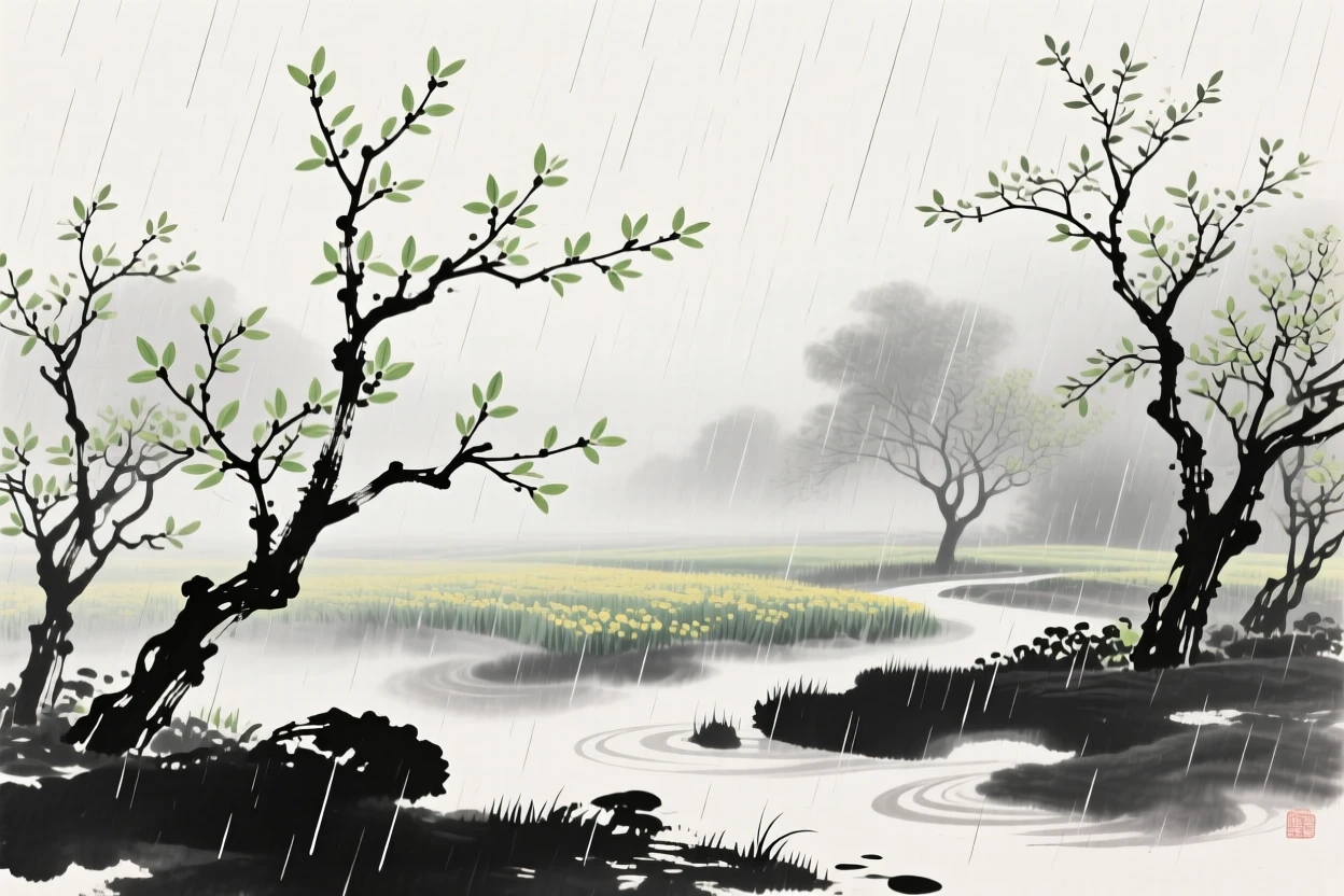 A gentle spring rain falls over a garden full of budding trees, with mist rising softly from the awakening fields.