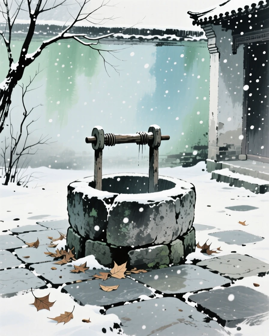 An old stone well standing quietly in an abandoned courtyard, brimming with peaceful contentment, beneath softly falling snow.