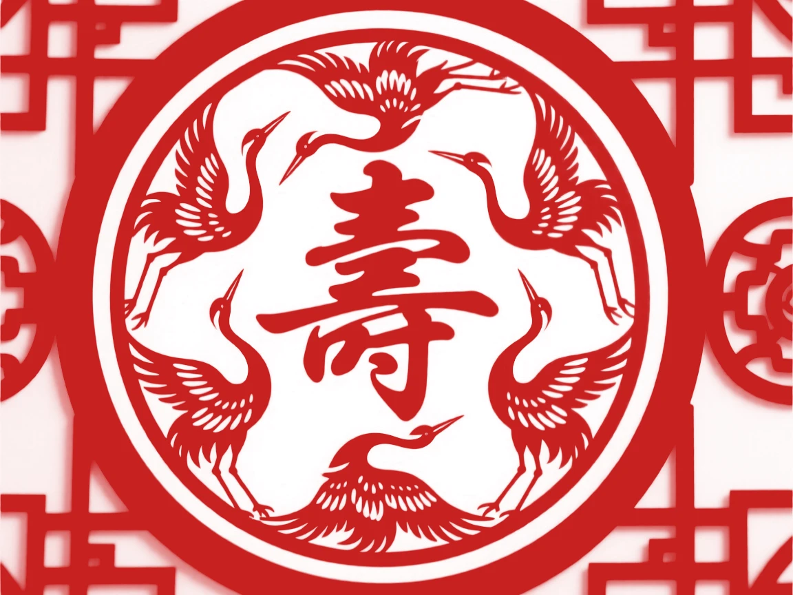 A design of a circular medallion featuring a ring of five cranes around a longevity character, rendered in perfectly balanced symmetry.