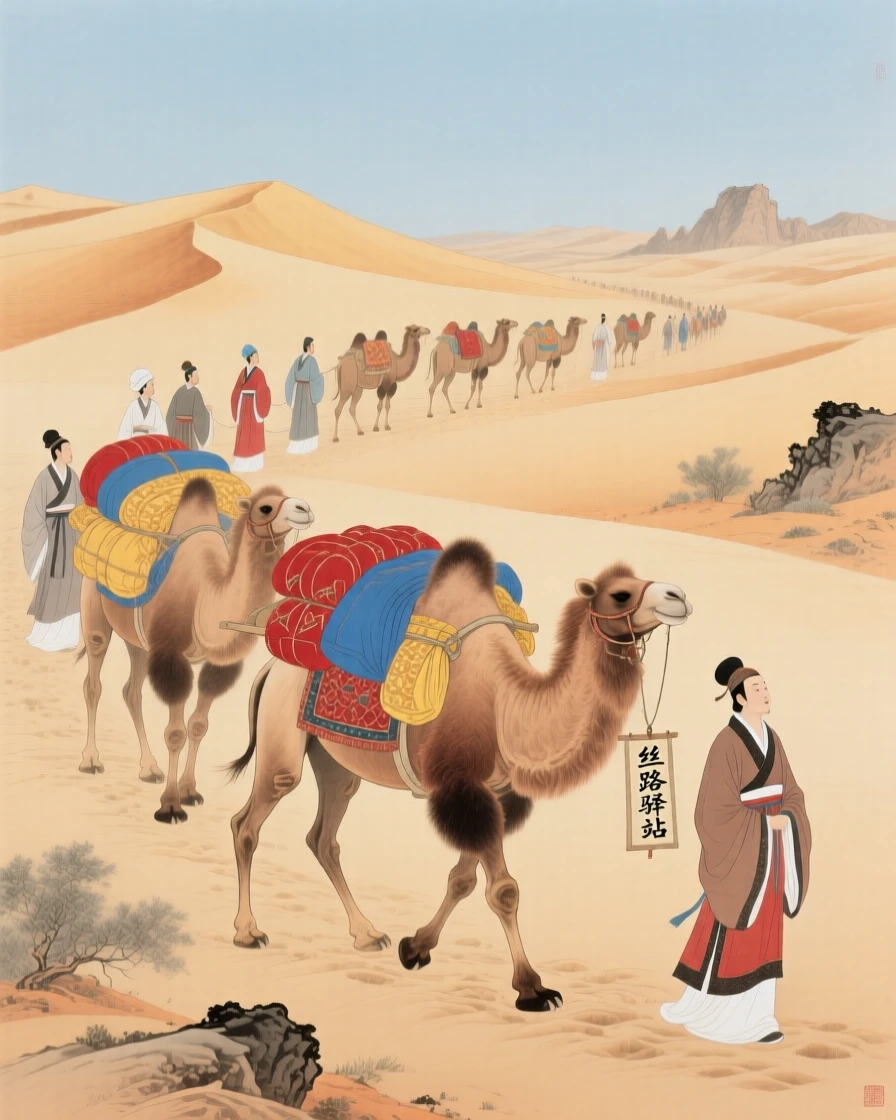 A caravan of traders crossing a desert with camels loaded with silk