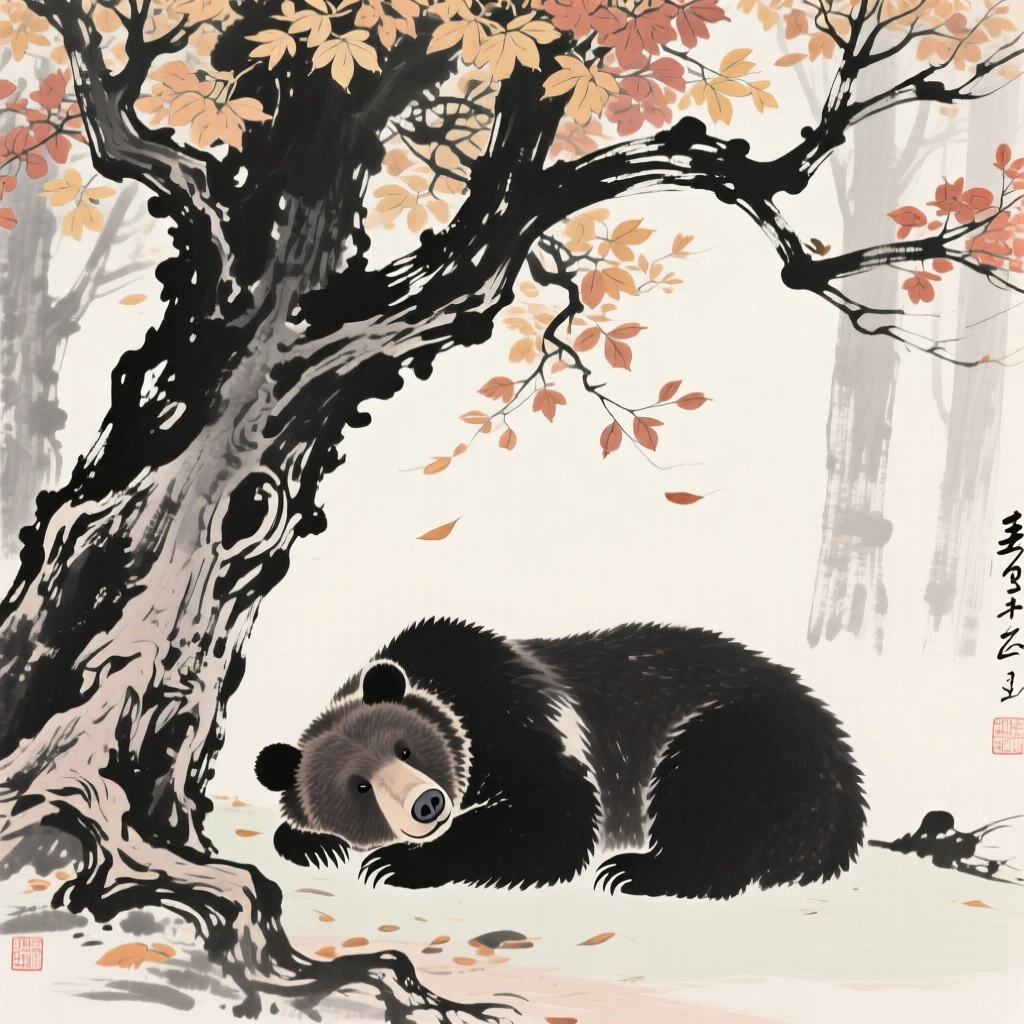 A bear resting beneath a gnarled old tree beneath a canopy of autumn leaves, seen from a respectful distance within its natural surroundings, carrying a sense of quiet dignity and wildness.