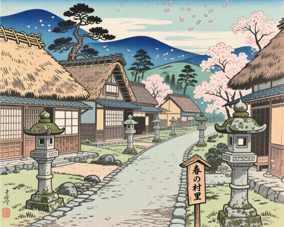 A village of thatched farmhouses flanked by stone lantern pathways.