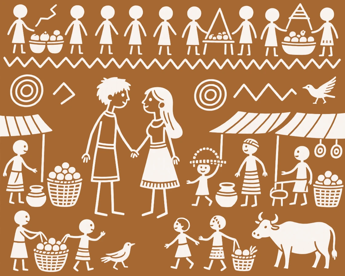 A young couple exchanging a gentle glance across a crowded market.