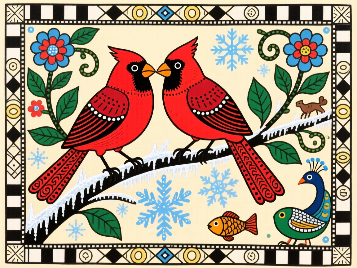 A cardinal pair perched together on a frost-covered branch.