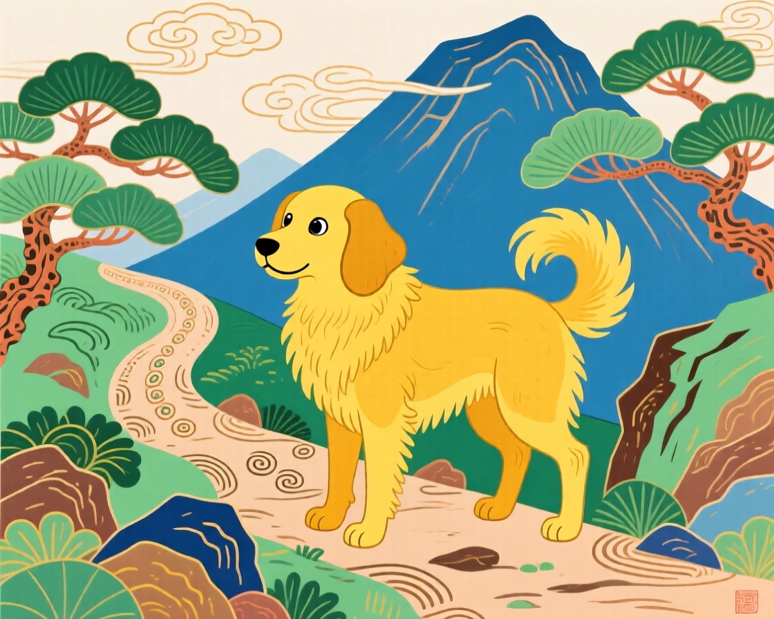 A loyal golden dog standing proudly beside a mountain trail.