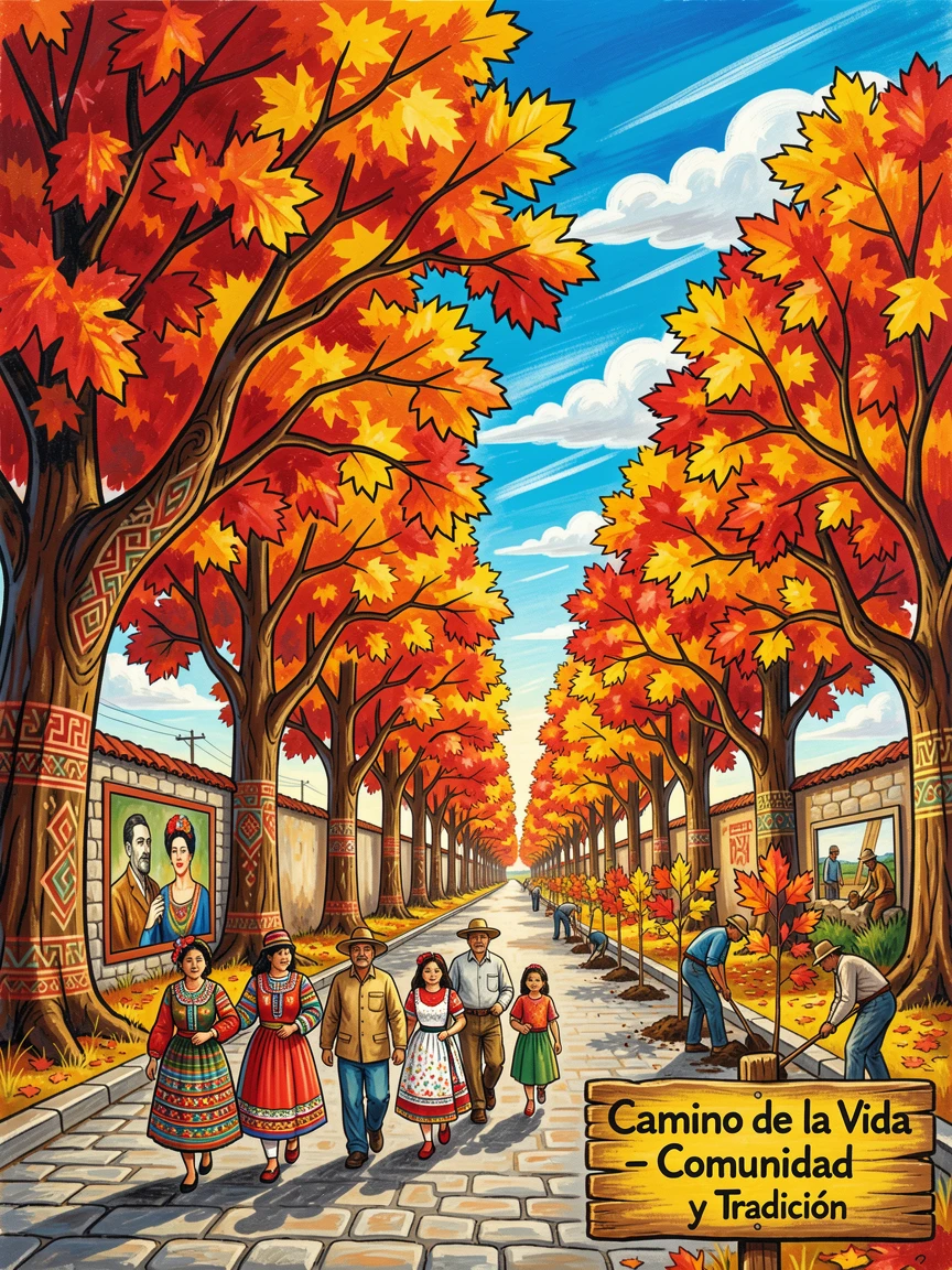 Maple trees glowing red and orange along an autumn road