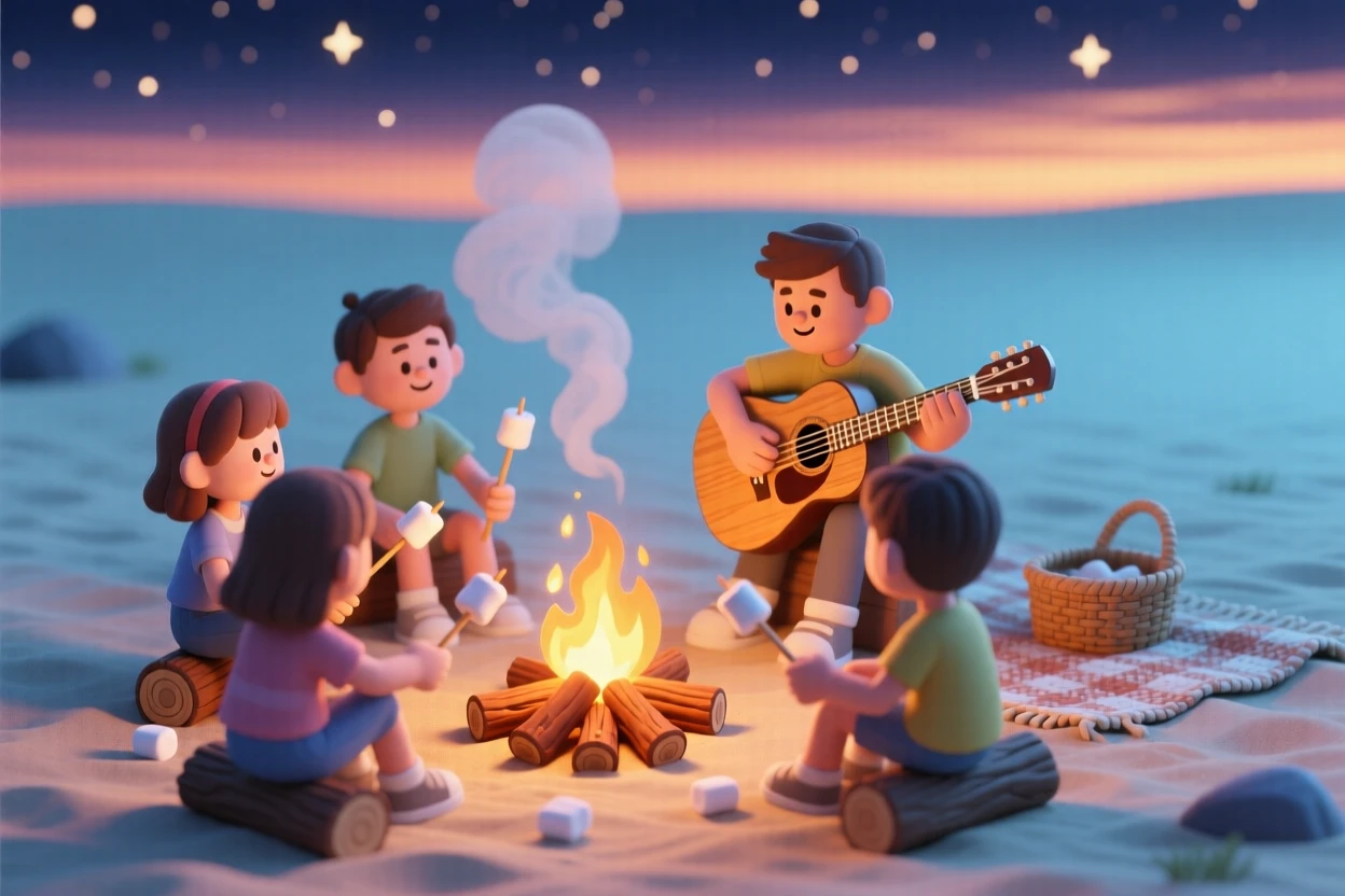 A summer beach bonfire celebration with friends roasting marshmallows, guitar music drifting, and stars appearing overhead.