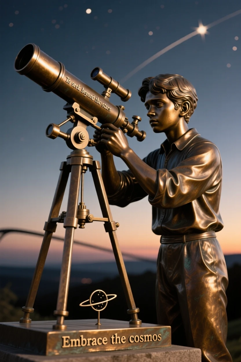 A young astronomer setting up a telescope at dusk, in a moment of pure emotion, forming a strong central focal point