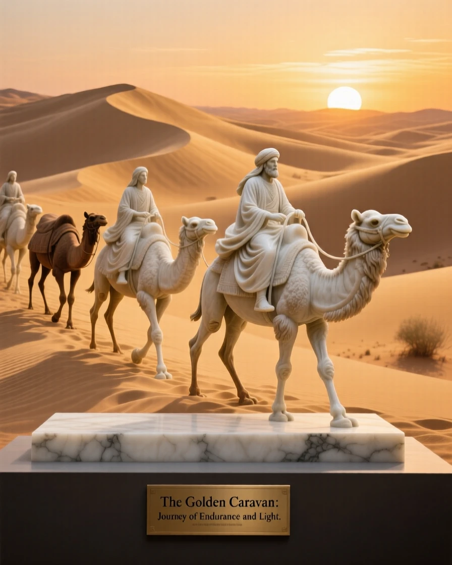 A vivid, emotionally rich scene of a caravan crossing golden desert dunes at sunset, surrounded by soft, glowing light, designed to captivate and inspire