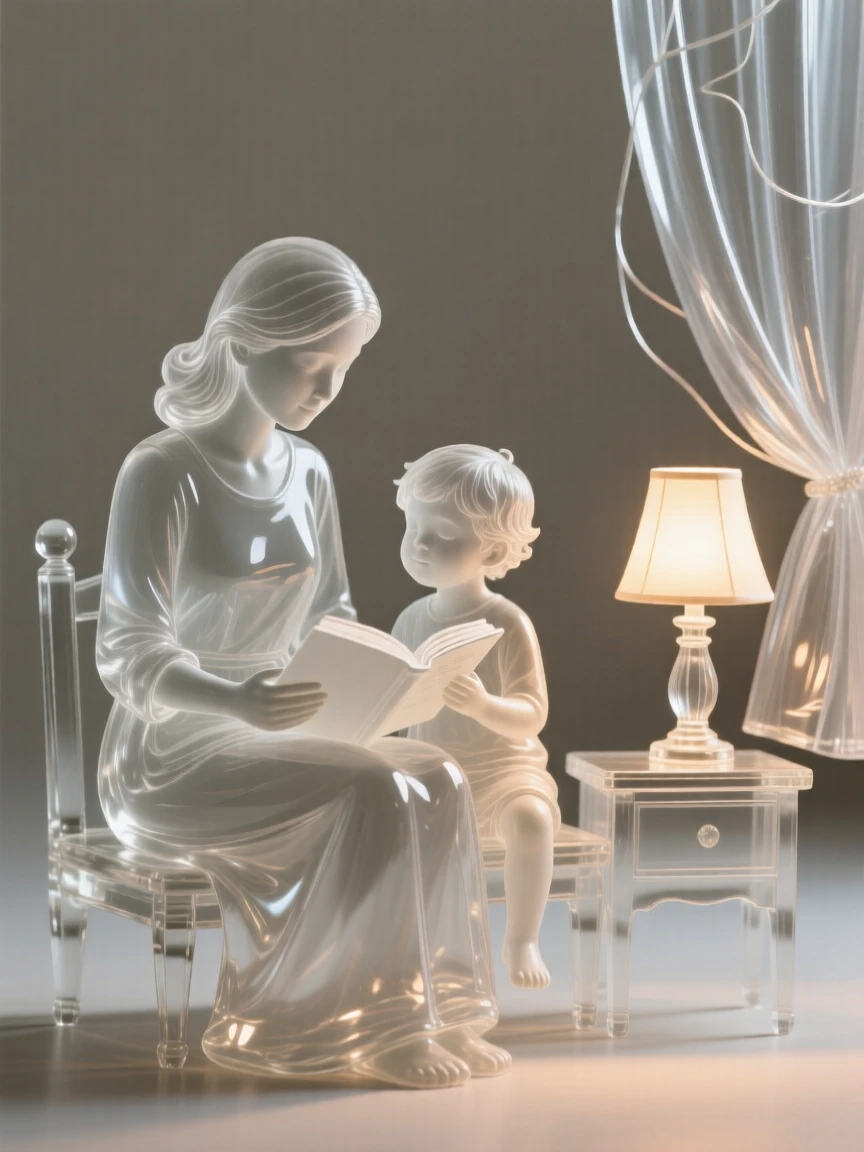A mother reading a bedtime story to her child by lamplight as a soft breeze stirs the curtains nearby