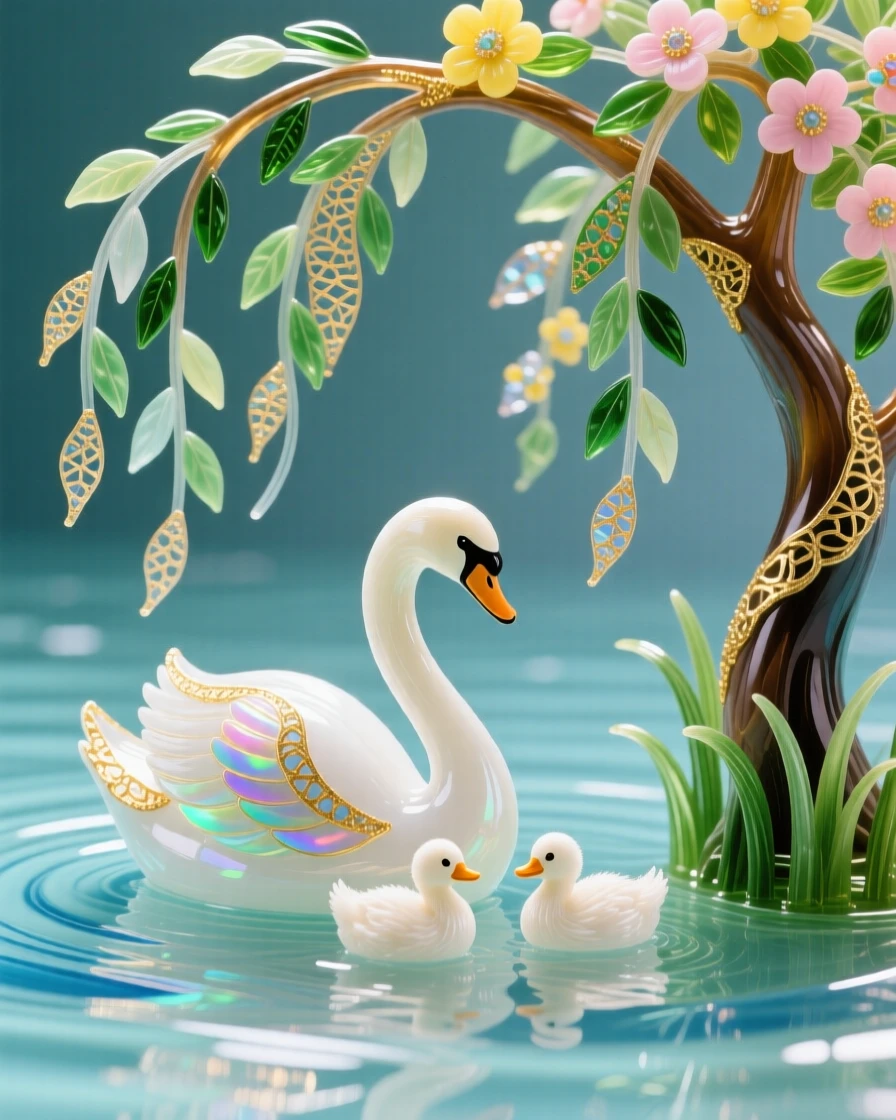 A mother swan gliding with her cygnets beneath a weeping willow, tranquil and tender.