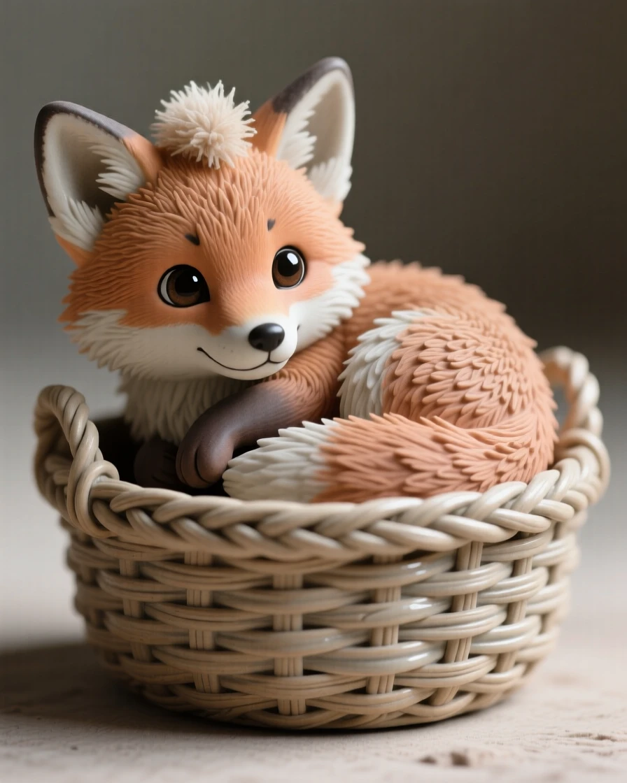 A wide-eyed baby fox curled in a basket captured in an irresistibly endearing pose, with a small, endearing tuft of fluff, capturing a moment of pure childlike delight.