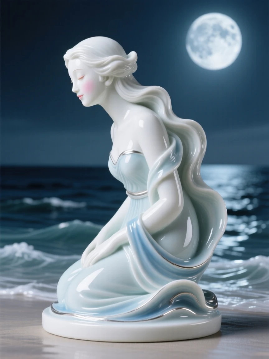 A mythological moment: a river nymph gazing serenely over a moonlit sea, bathed in an otherworldly glow.