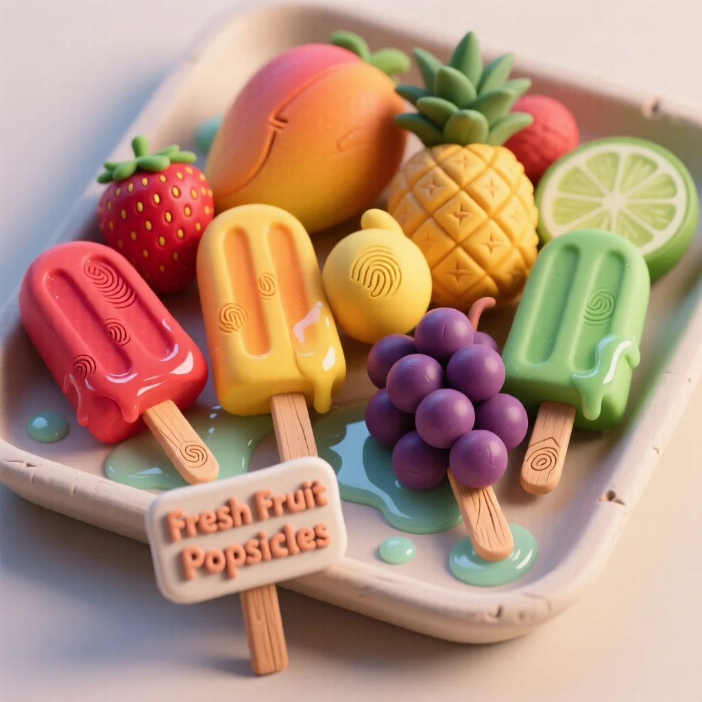A tray of colorful fruit popsicles melting slightly in the sun