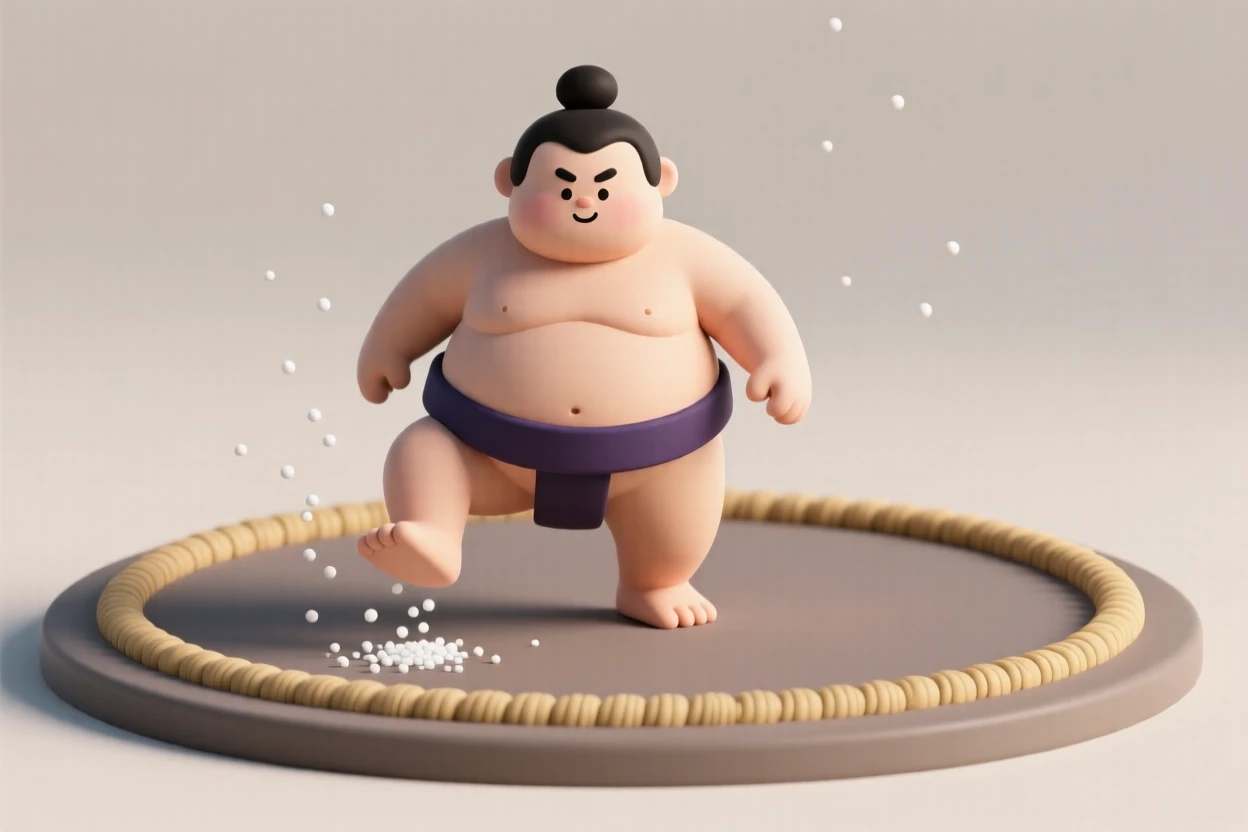 A proud sumo wrestler stamps his foot in a ceremonial ring, salt scattering into the air before a match.